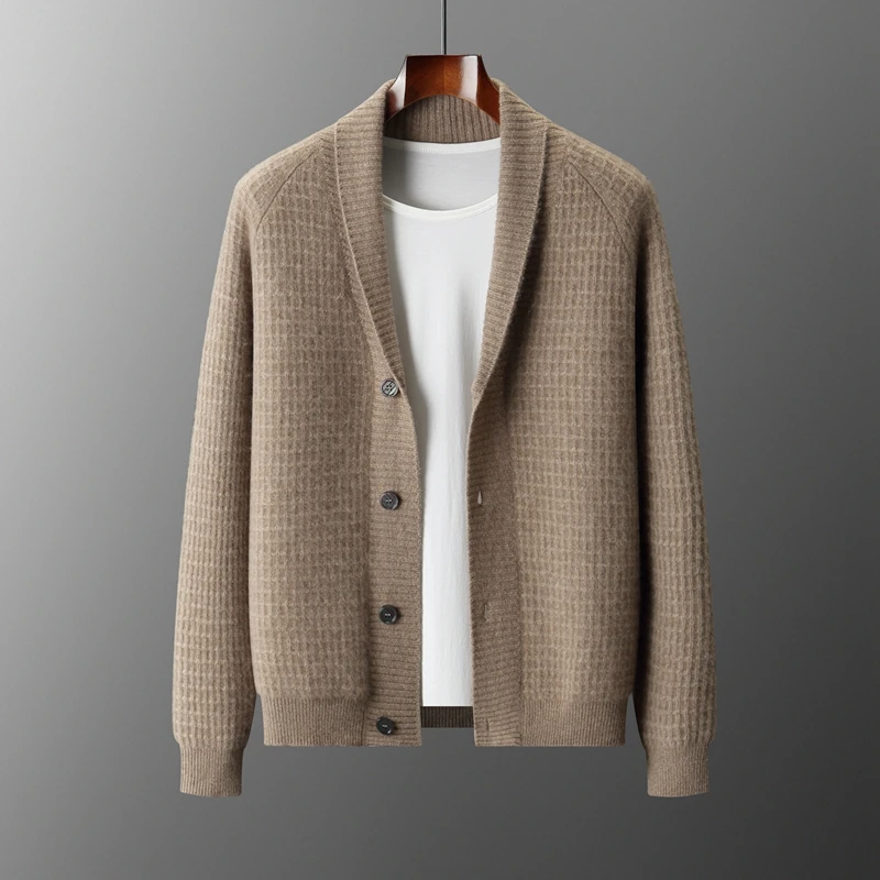 

2025 мужской 100% кашемировый толстый кардиган с шалевым воротником, классический вязаный свитер, осень-зима, повседневные модные вязаные куртки, топы
