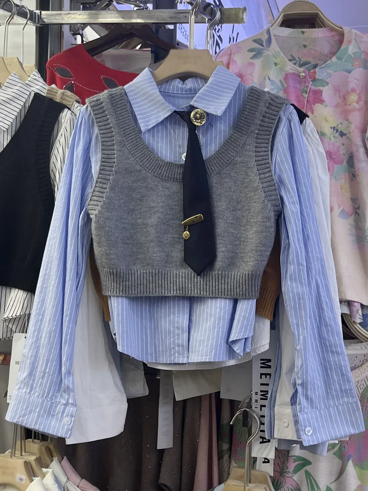 

Spring New College Sle Striped Long Sve Knitted irt Tee Piece Set Women's Faionable Layering Top And Vest Ensemble