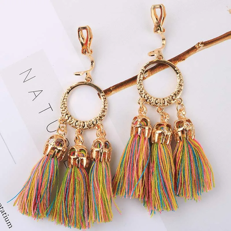 8 Color Trendy Bohemian Statement Tassel Clip On Earrings For Women Non Pierced Dangle Cotton Rope Fringe Clips Ear Jewelry Gift