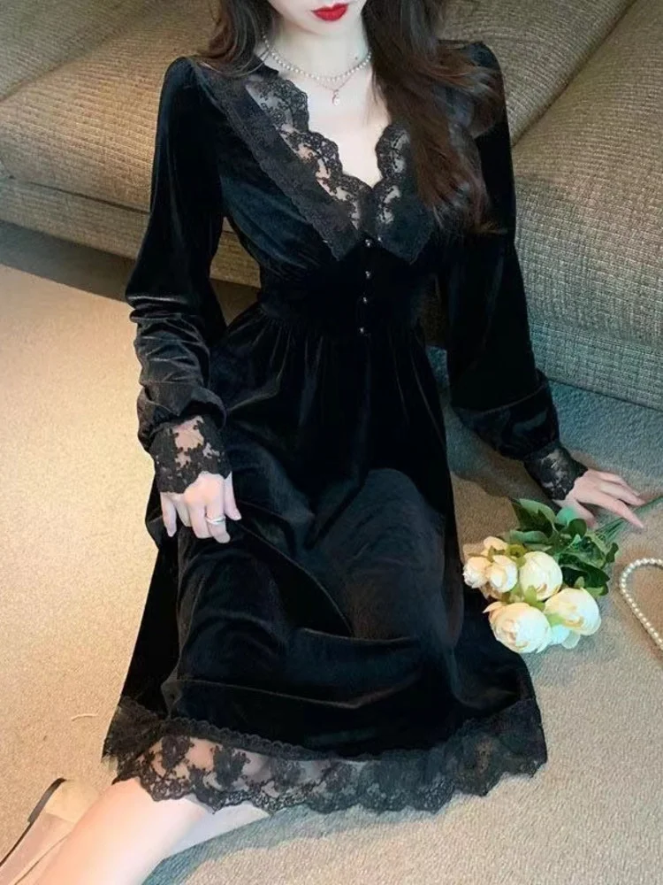 Black Velvet Women Dress Sexy V-Neck Lace Petal Sleeve Elegant Lady Midi Dresses Party Night Vestido 2022 Autumn  H264