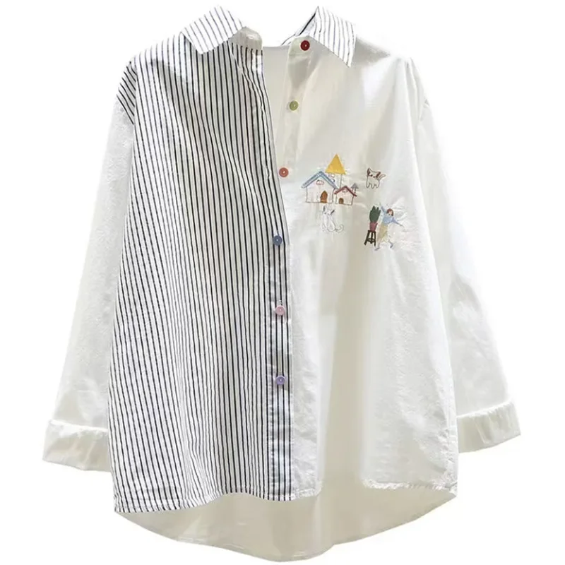 

Embroidery Blouses For Women Striped White Shirt Patchwork Top Loose Art Woman Clothes Shirts Laple Long Sleeve Cardigan Blous