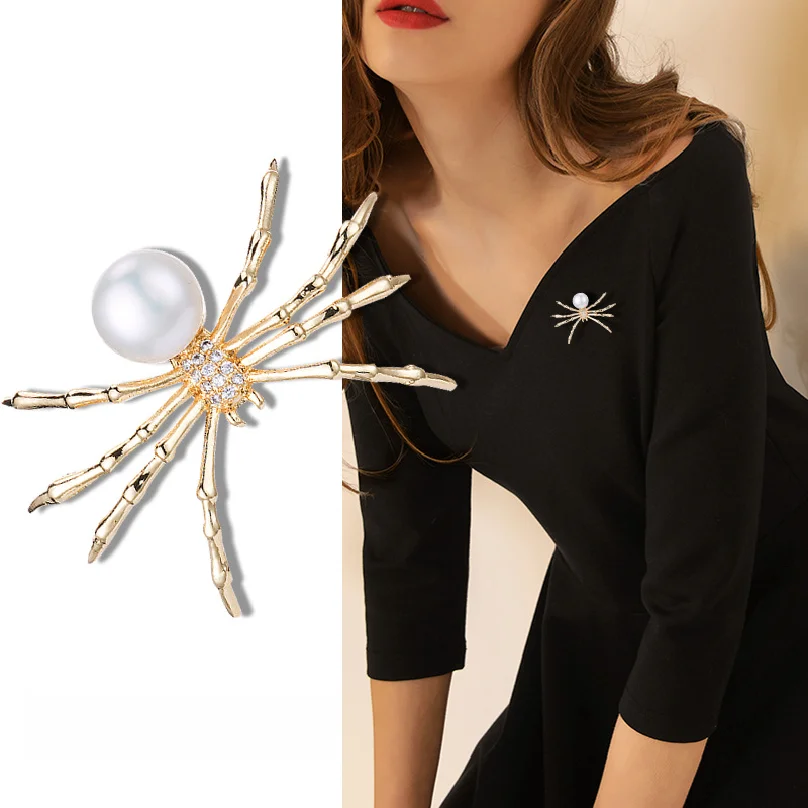 Copper-set zircon brooch, Korean style, versatile and fashionable, natural pearl spider brooch, insect brooch