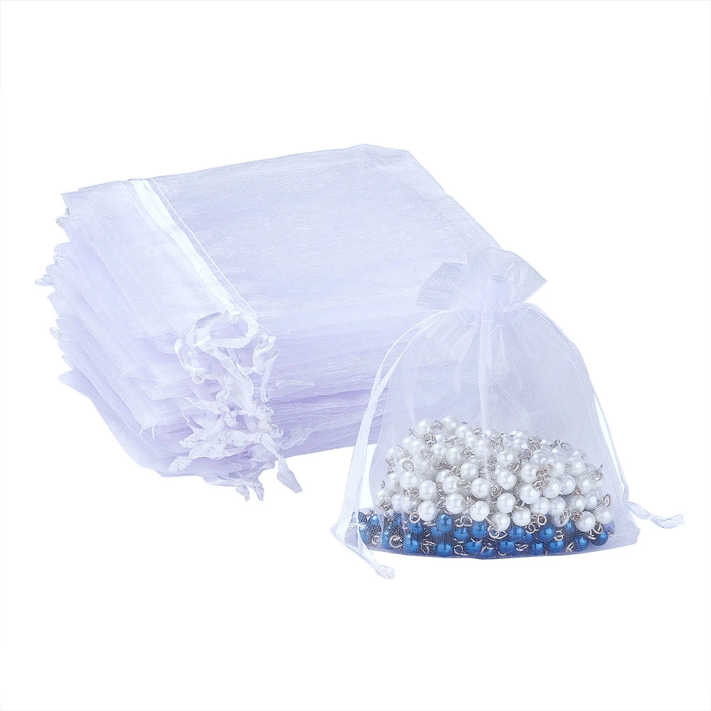 100-200pcs White Rectangle Jewelry Packing Drawable Pouches Candy Jewelry Party Wedding Favor Present Organza Gift Bags F70