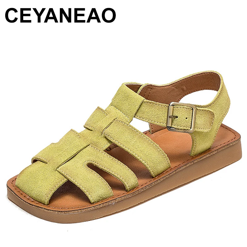 Genuine Leather 2024 Summer New Retro Hollow-out Breathable Sandals Casual Comfortable Women Flats Shoes