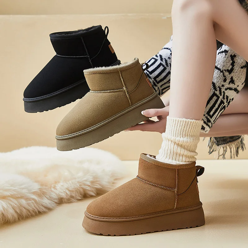 

New autumn winter fur integrated thick soled lady snow boots with short sleeves and warm women's cotton boots