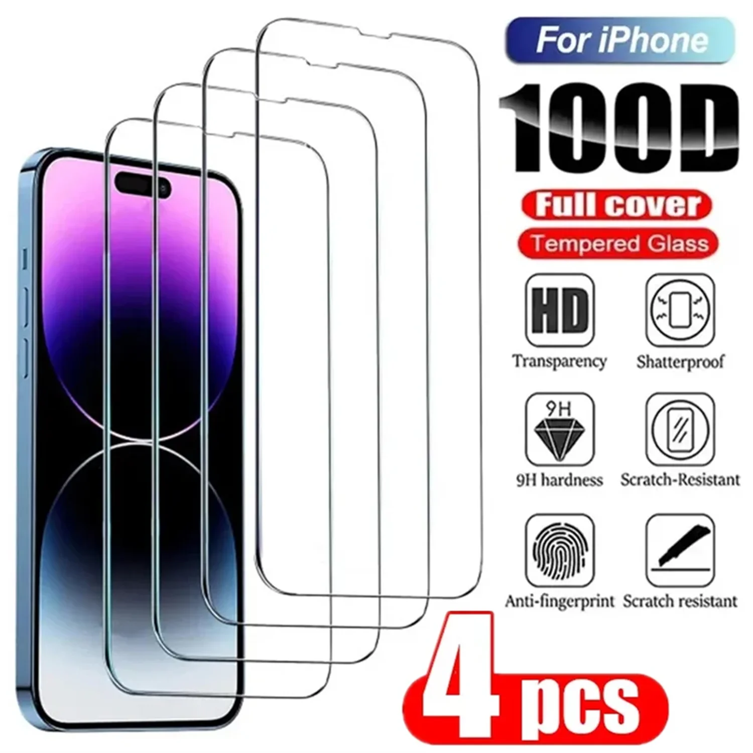 

4PCS Full Cover Protective Glass For iPhone 15 14 13 12 11 Pro Max Screen Protector On iPhone Se22 X XR Xs Max 6S 7 8 Plus Glass