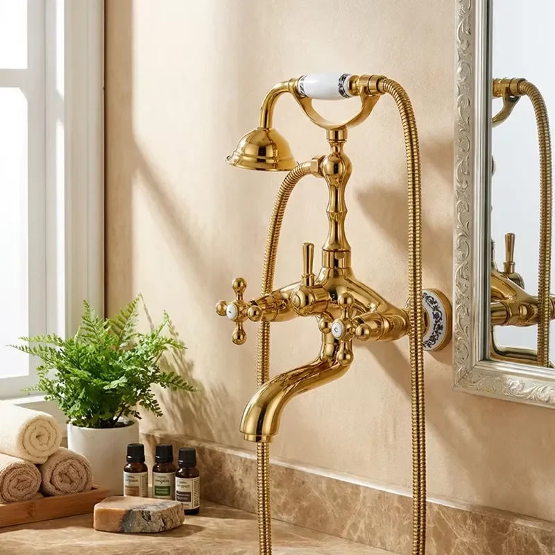 Gold Bathtub Shower Combo Vintage Bathroom Accessories Set Shower Head Set Rainfall Shower With Sprayer
