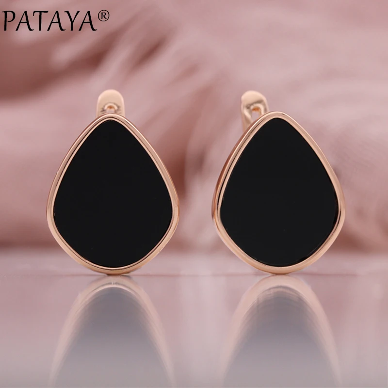 PATAYA New Black Natural Zircon Earrings For Women 585 Gold Color Oil Dripping Cute English Earrings Party Wedding Fine Jewelry