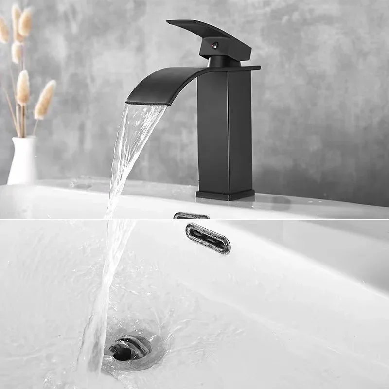 

Black/Silver Bathroom Faucets Stainless Steel Wash-basin Tap Flat Curved Mouth Waterfall Basin Faucet Cold Hot Water Mixer Taps