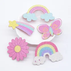 10Pcs Glitter Print Appliques Meteor Flower Rainbow Butterfly for DIY Crafts Cake Topper Headwear Hair Clips Bow Decor Patches