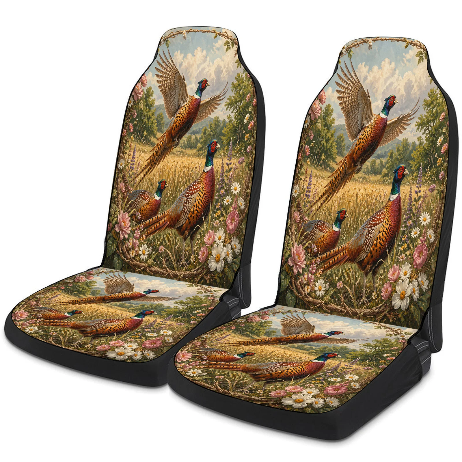 Pheasants In Meadow Pattern Car Seat Cover Set For Most Cars Trucks, Fashionable Breathable Car Seat Protector Covers Full Set,