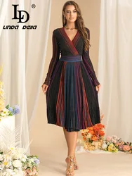 LD LINDA DELLA Elegant  Autumn  Women's Dress Long sleeve V-Neck High waist Striped Ombre Commuter Office Work Dresses