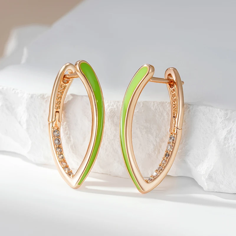 Kinel Hot Fashion 585 Rose Gold Color Green Enamel Drop Earrings For Women Girl Wedding Party Natural Zircon Eardrop Jewelry
