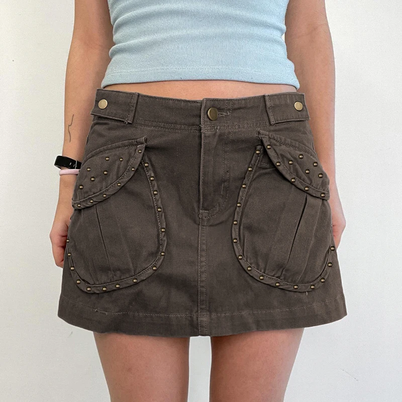 

Skirt Gray Pure Cotton Women's Retro Rivet Design Denim Fabric Pocket Versatile Short European Fashion Casual Trendy Summer 1Pc