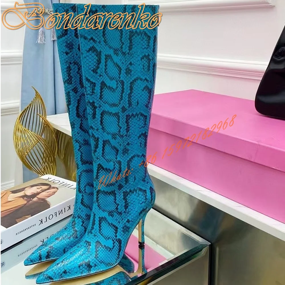 Snake Pattern Designer Boots Pointed Toe Stiletto Heels Knee High Boots Women Sexy Shoes Back Zipper Metal Heels Winter New Shoe