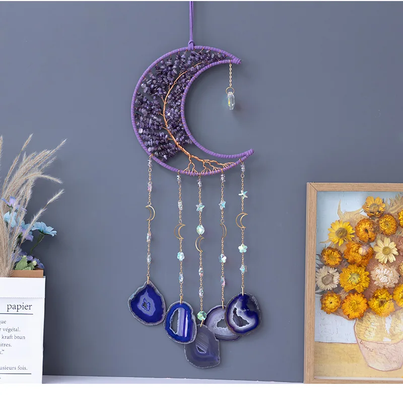 Crystal Stone Tree Of Life Moon Dream Catcher Handmade 7 Chakra Gemstones Dream Catchers Living Room Natural Agate Wall Hangings