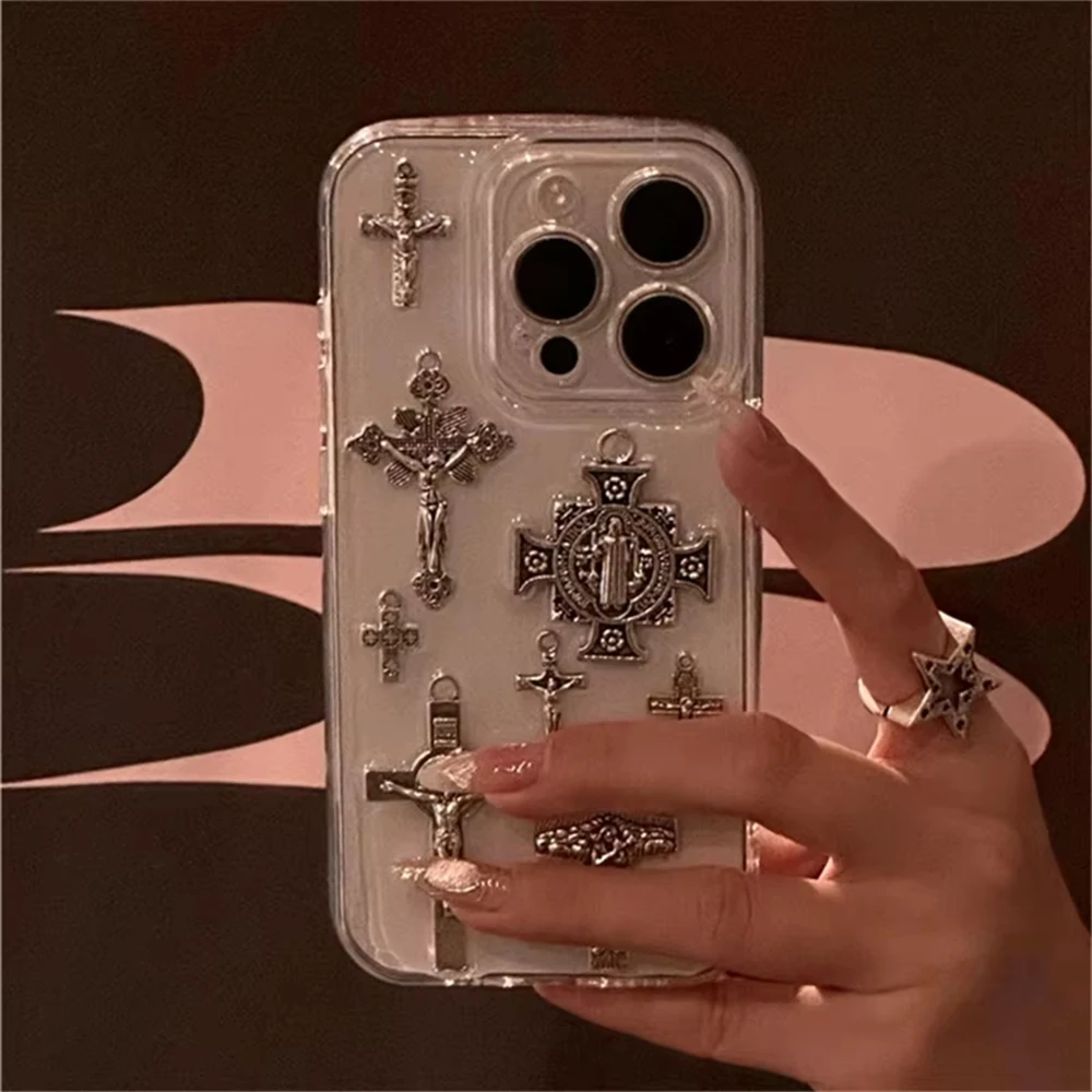 Retro Gothic 3D Metal Cross Phone Case For iphone 16 Pro 15 14 13 12 11 Pro Max 14 Plus Cool Angel Epoxy Clear Soft Cover Gift