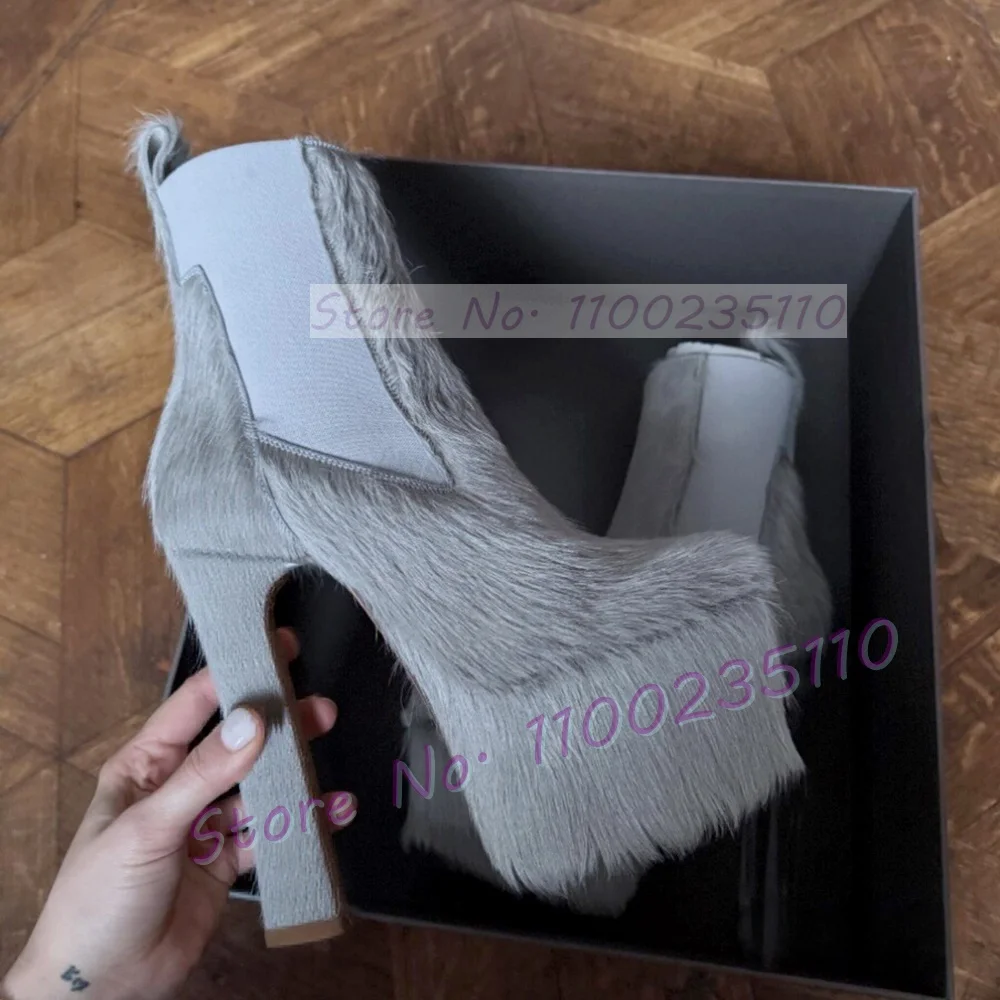 

Grey Fur Patchwork Platform Ankle Boots Women Round Toe Stylish High Heel Chelsea Boots Ladies Fashion Solid Pull On Furry Shoes
