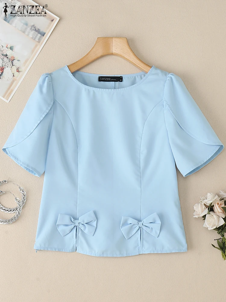 

2025 ZANZEA Summer Blouses Women Elegant Solid Work OL Shirts Casual O Neck Short Sleeve Slim Fit Blusas Fashion Holiday Tops