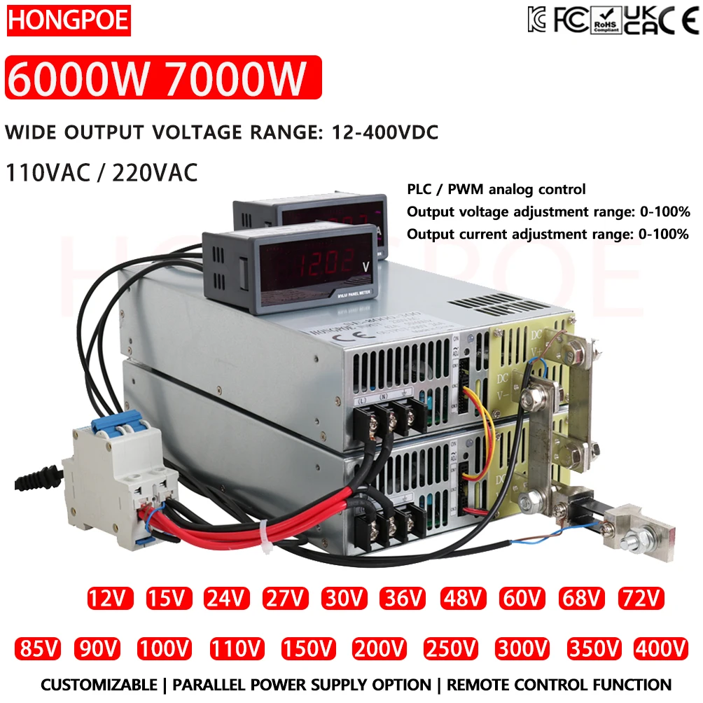 

CE 6000W 7000W adjustable DC 12-400V power supply 110 / 220V AC to DC supports PLC control PWM for LED new energy applications.