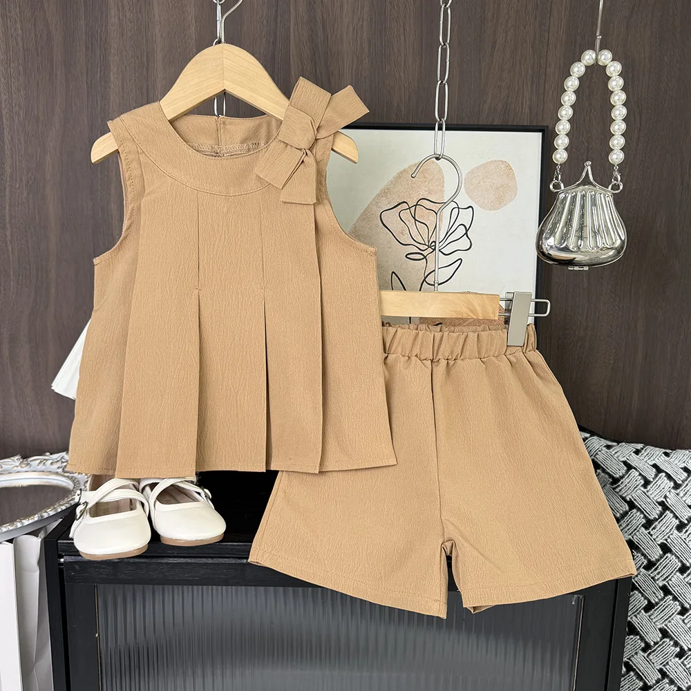 Girls Clothes Sweet Summer Bow Decoration Fashion Sleeveless Pleated Vest+Shorts 2Pcs Set Solid Color Casual Children's Clothing