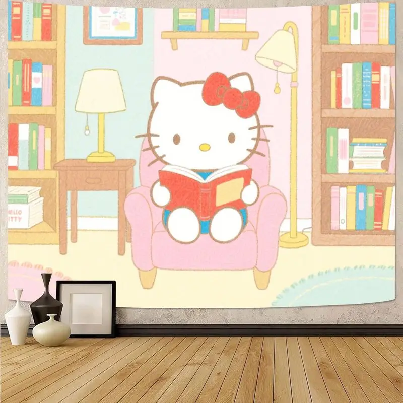 

1 шт. Sanrio Hello Kitty Reading Book, уютная библиотека, современный гобелен, розовый кавайный настенный художественный декор для девочек, подарок для спальни, общежития