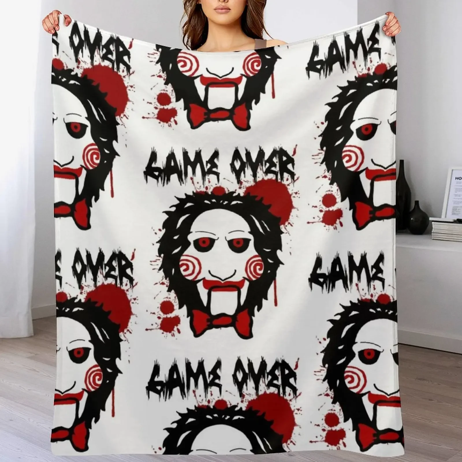 

Billy Puppet Saw Jigsaw Inspired Throw Blanket blankets and throws Designers Luxury Designer Furrys Blankets