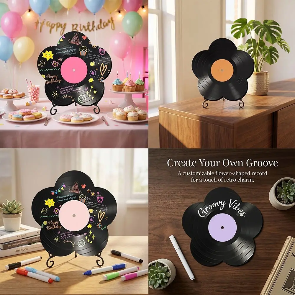 diy-blank-vinyl-records-kit-flower-shaped-with-metal-bracket-acrylic-faux-vinyl-record-with-6-whiteboard-pens-desktop-ornament