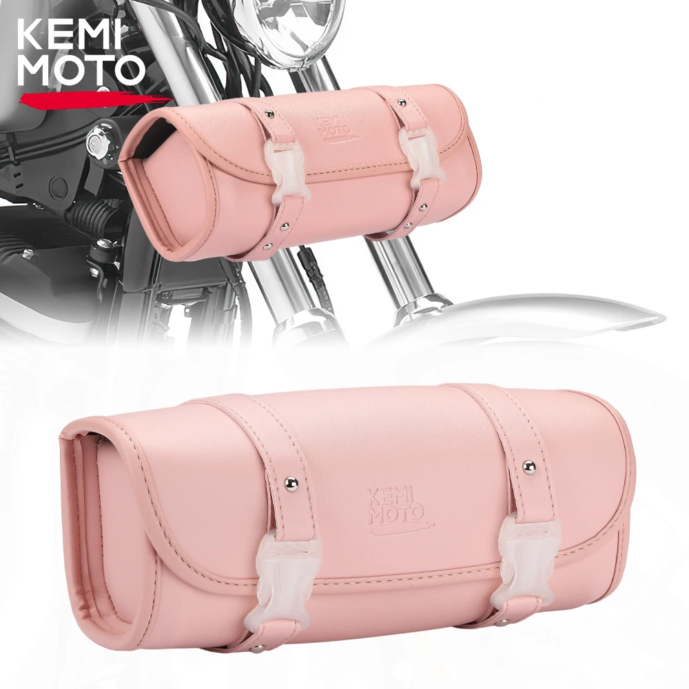 

KEMIMOTO Motorcycle Fork Bag Universal PU Waterproof Motorcycle Roll Barrel Bag Front Fork Handlebar Sissybar Storage Pouch Pink