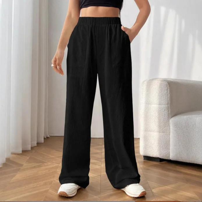 2026 novas calças femininas cor sólida algodão e cânhamo bolsos cintura elástica solta calças de perna larga