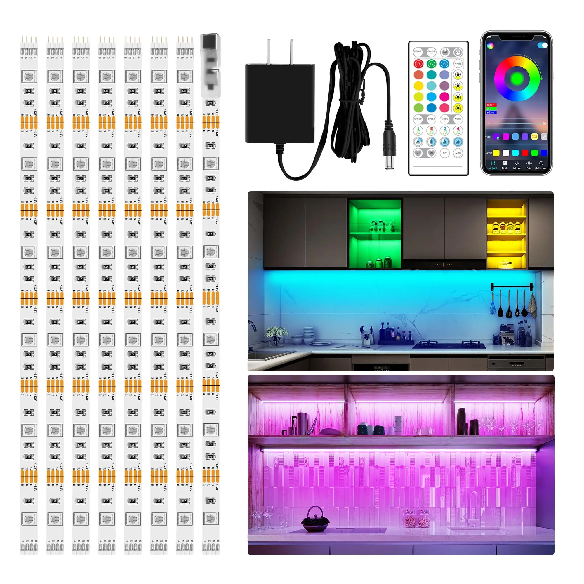 

Комплект освещения RGB для шкафа, 8 шт., светодиодные ленты с дистанционным управлением и управлением через приложение, изменение цвета музыки и синхронизации
