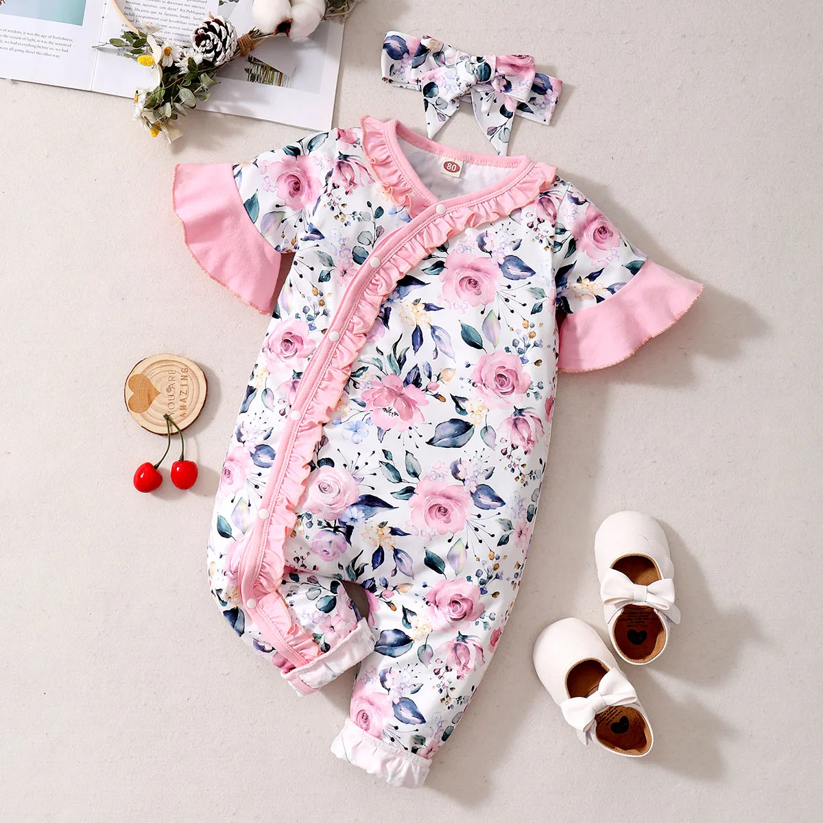 Newborn Baby Girl Bodysuit Summer Romper Floral Print Pink Short Sleeve Onesie with Headband Toddler Baby Girl Jumpsuit Clothes