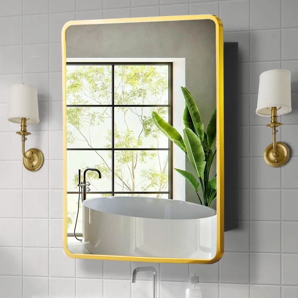 Mirror Medicine Cabinet 20 Inch x 28 Inch Gold Metal Framed Bathroom Medicine Cabinet  Mirror Rectangle Recess or Surface Mount