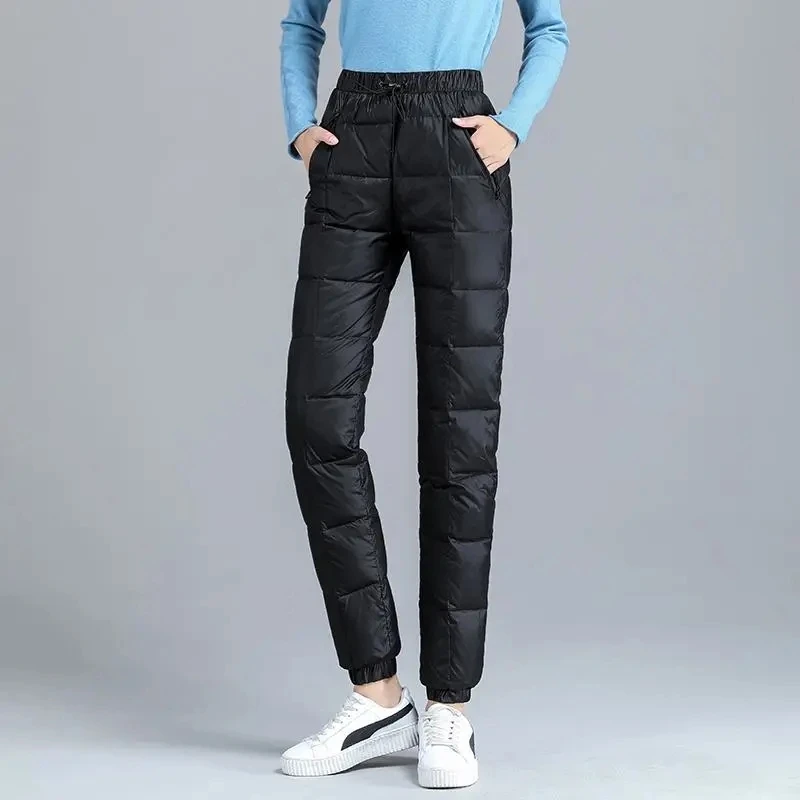 Winter Elastic Waist Trousers Trendy Warm Puffer Cotton Beam Feet Pants High Waist Waterproof Sweatpants Women Elegant Thicken