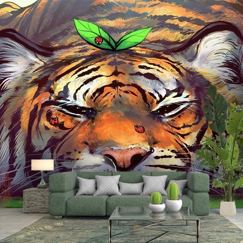 1PC Tiger Leaf Ladybug Illustration Print Backdrop Banner, Bedroom Living Room Photo Background, Polyester, Home Decor, Wall Art