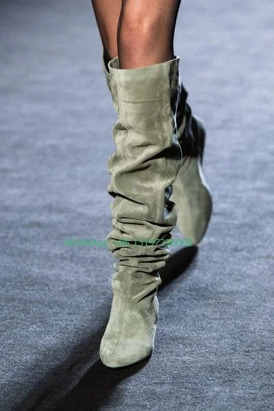 Lady dark green wedge suede knee boots elegant T show boots pointed toe shoes summer daily dress footwear boots large size