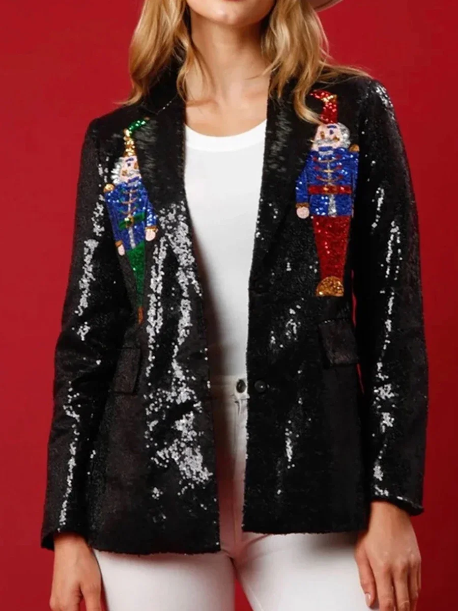 Women Christmas Sequin Jacket Singer Button Open Front Blazer Shiny Jacket Fall Casual Long Sleeve Sparkly Party Coat Streetwear