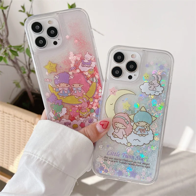 Cute Sanrio Little Twin Star Liquid Quicksand Phone Case For iPhone 15 14 13 11 12 Pro Max XR X Bling Glitter Cartoon Cover