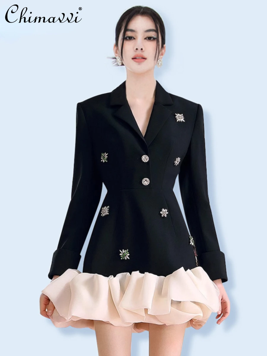 

High-End and Fashionable Suit Dress 2024 Spring Clothes New Light Luxury Rhinestone Elegant Irregular Ruffled Stitching Dresses