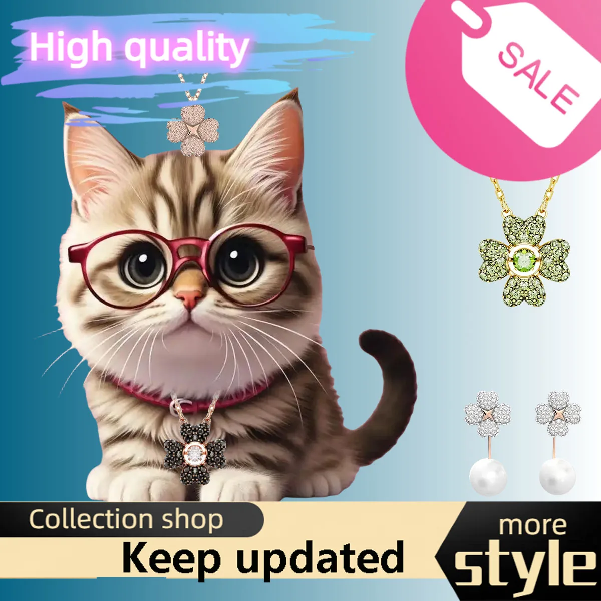 

Cat Accessories 2025 new Austrian crystal jewelry inset zircon four-leaf clover necklace Pearl ear hook exquisite gift for girls