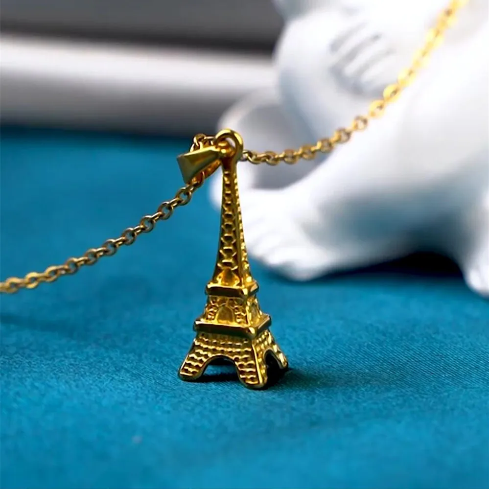 Paris Themed Jewelry French Necklace Eiffel Tower Charm Pendant Stainless Steel Necklaces Gold Color Collares Mujer Travel Gift