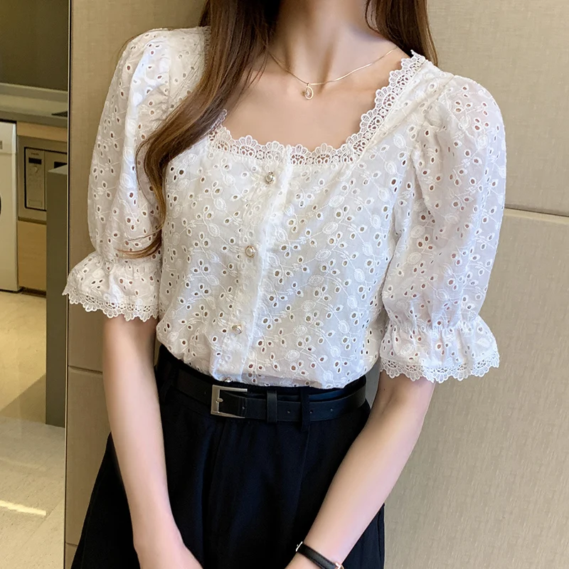 Korean Summer Tops 2023 Shirt Elegant Lace Shirt Women Square Collar Short Sleeve Hollow Out Vintage Elegant Blouse Blusas 13934