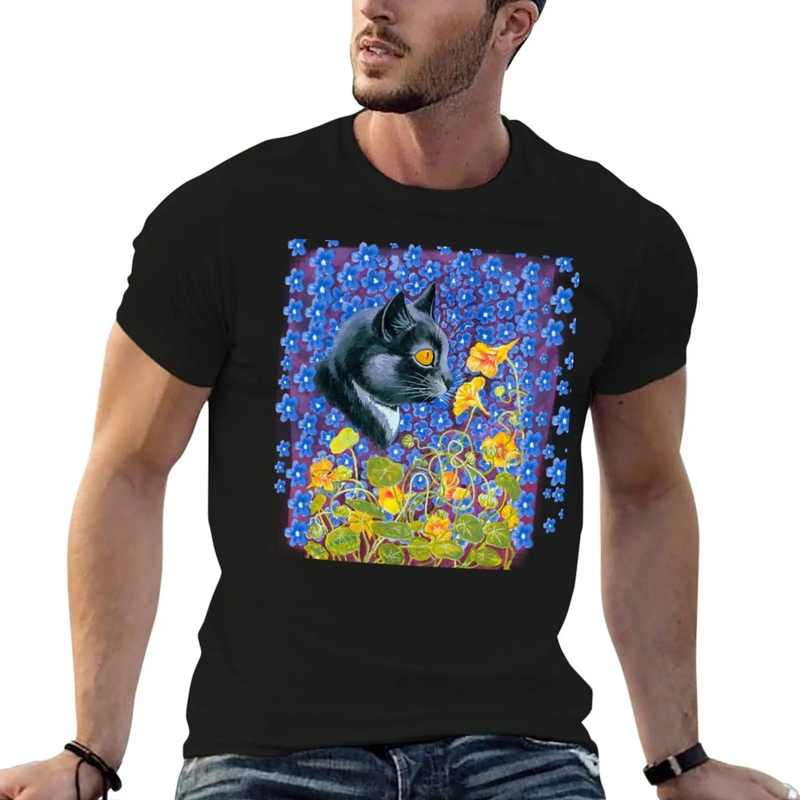 

A Cat In A Sea Of Flowers By Louis Wain Black cat with flowers T-Shirt man t shirts graphic essential t shirt T-Shirt