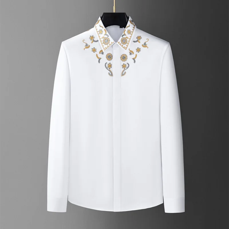 Luxury Embroidered Long Sleeve Shirt for Men Cotton Slim Casual Business Formal Shirt Party Banquet Stage Performance Clothing