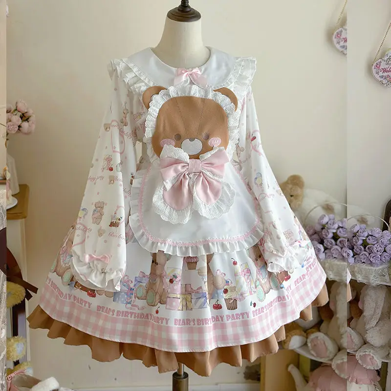 MAGOGO Japanese Kawaii Lolita Long Sleeve Dress Women Autumn Sweet Cute Cartoon Printed Ruffles Bow Apron Princess Party Dresses