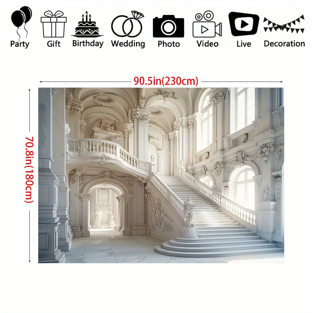 Luxury palace background photography, European white castle Royal interior stairs, polyester wedding ceremony background cloth