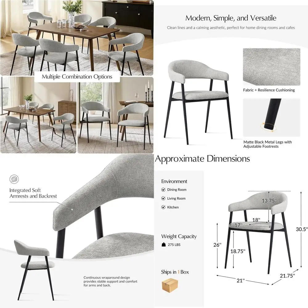 6-Piece Modern Fabric-Upholstered Dining Chairs with Metal Legs, Grey, Suitable for Kitchen, Dining Room, and Restaurant Use