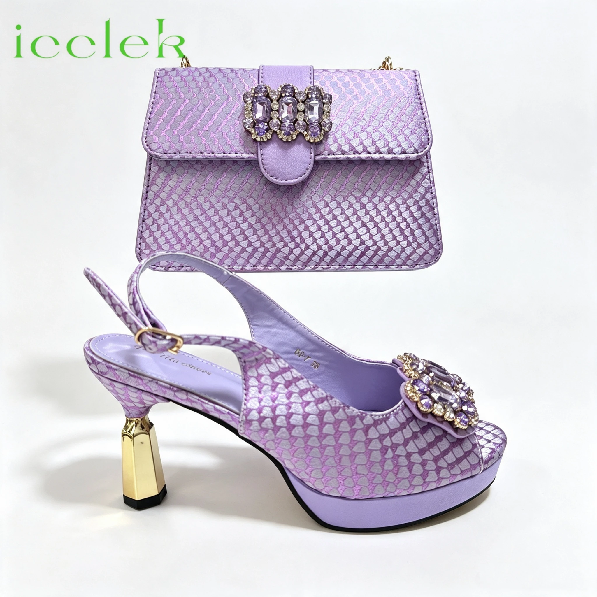 Elegant 2026 Lilac Peep Toe High Heels with Diamond Accents Luxurious Italian Design Pumps & Matching Bag Set for WeddingParty