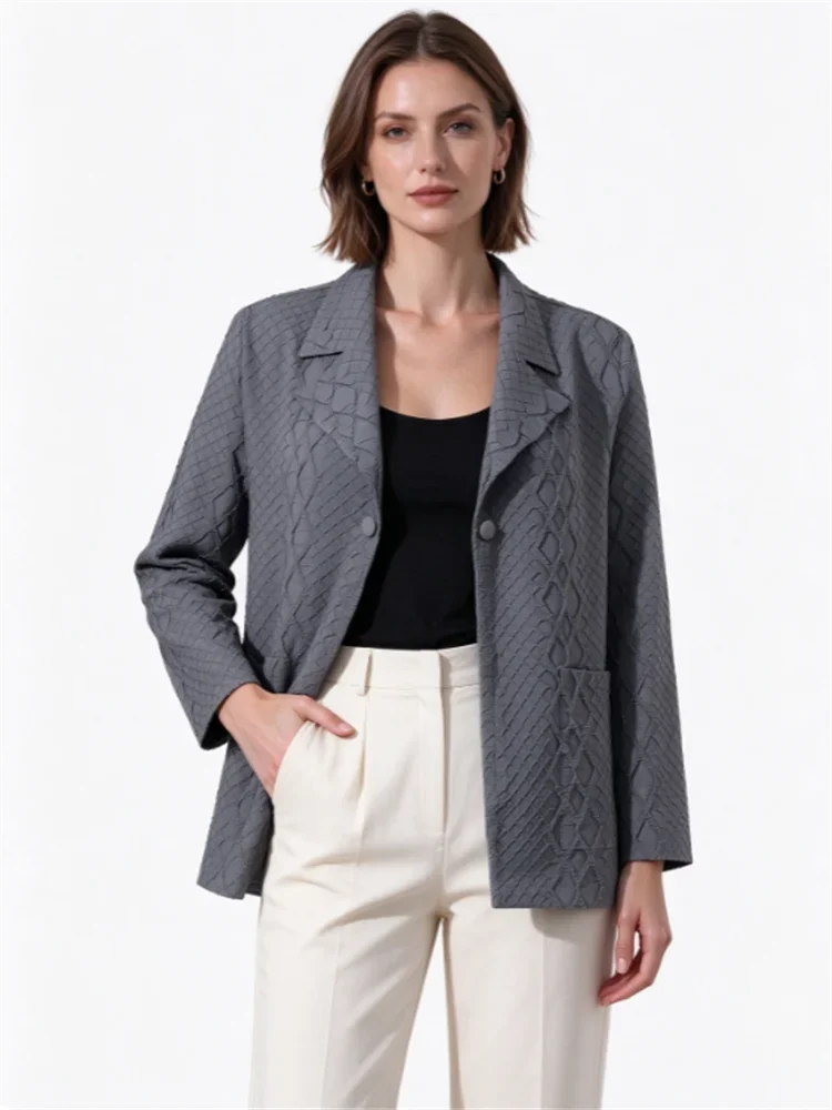 Miyake Pleated Women White Textured Pleated Blazer, Notched Collar Business Jacket, Loose Casual Office Coat