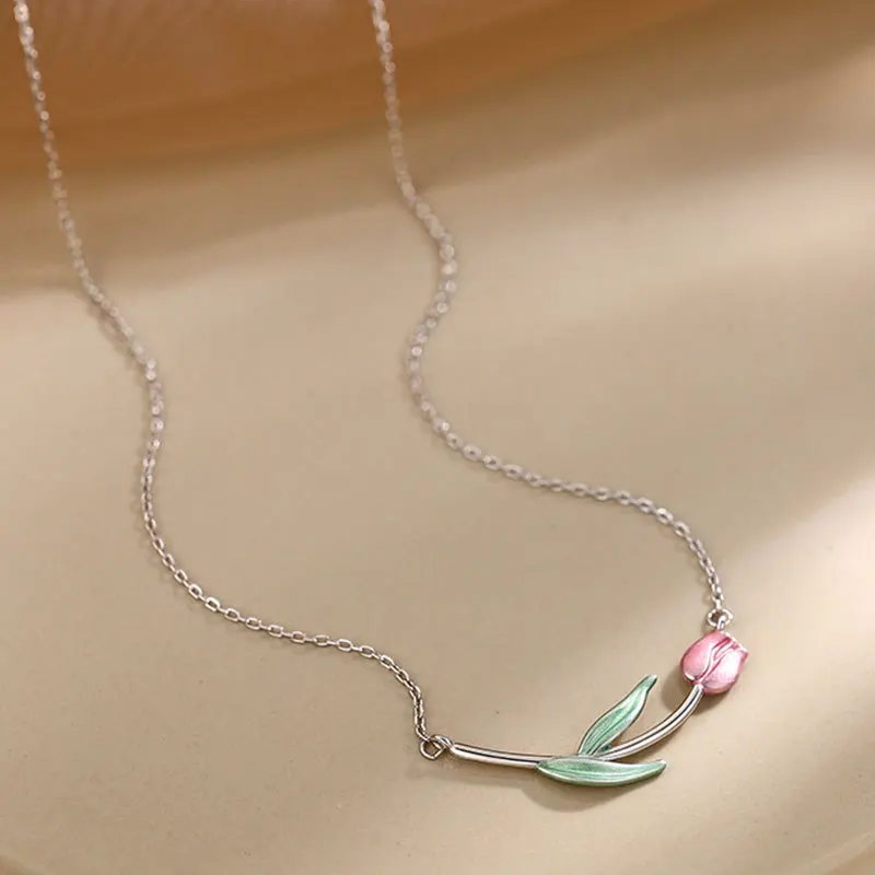 Aesthetics Oil dripping Tulip Pendant Necklace Women 925 Sterling Silver Fashion Charm Anniversary Jewelry Gift